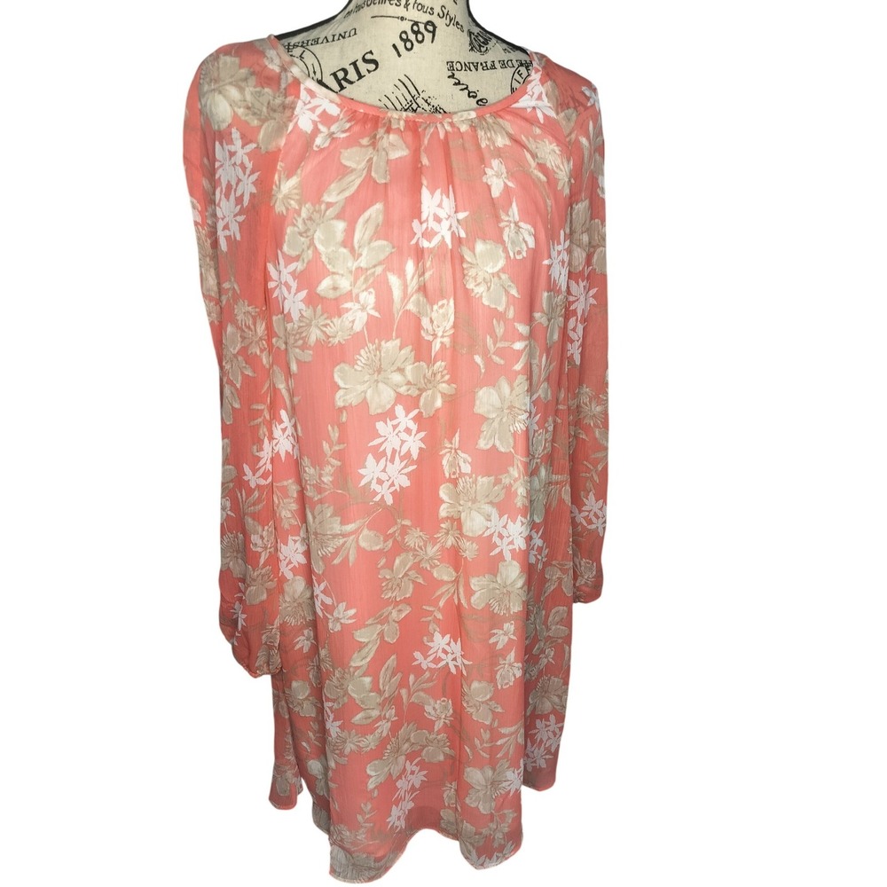 Tommy Hilfiger Womens 10 Floral Chiffon Shift Dress Coral Orange Long Sleeve‎